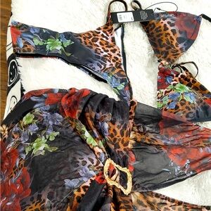Leopard and Floral Bikini Set with Sarong